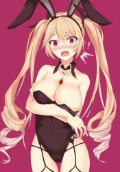 Rule 34 | !, 1girl, animal ears, azur lane, bare arms, black panties, black ribbon, blonde hair, blush, breasts, cameltoe, cir.e (shie), cleavage, collarbone, covered navel, detached collar, fake animal ears, garter straps, hair ribbon, highres, large breasts, leotard, long hair, looking at viewer, nelson (azur lane), open mouth, panties, pink background, playboy bunny, rabbit ears, rabbit girl, red eyes, ribbon, sidelocks, simple background, solo, surprised, thighs, twintails, underwear, very long hair