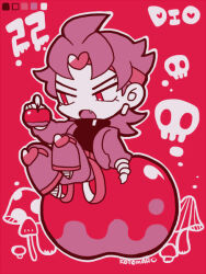 Rule 34 | 1boy, apple, character name, chibi, chibi only, color guide, dio brando, earrings, fang, food, fruit, full body, holding, holding food, holding fruit, jacket, jewelry, jojo no kimyou na bouken, kotorai, limited palette, male focus, mushroom, no nose, open mouth, outline, oversized food, oversized object, pants, shirt, short hair, signature, sitting, skull, solo, white outline