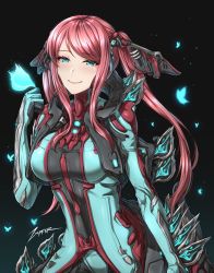 Rule 34 | 1girl, artist name, blue eyes, body armor, bodysuit, breasts, bug, butterfly, hair ornament, humanization, insect, looking at viewer, pig tail, pink hair, signature, simple background, smile, solo, spikes, tail, titania (warframe), warframe, zxpfer