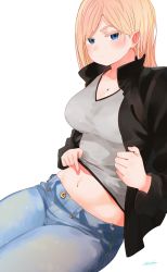 Rule 34 | 1girl, absurdres, black jacket, blonde hair, blue eyes, blue pants, blush, closed mouth, denim, from side, green eyes, highres, jacket, jeans, jewelry, long hair, looking at viewer, looking to the side, midriff, multicolored eyes, navel, necklace, open clothes, open jacket, original, pants, pointing, pointing at self, ryusei hashida, shirt, simple background, sitting, smile, solo, stomach, v-neck, white background, white shirt