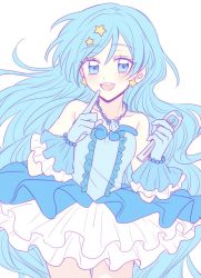 Rule 34 | 1girl, bare shoulders, blue eyes, blue hair, blush, bracelet, commentary request, curly hair, earrings, floating hair, frilled skirt, frills, gloves, hair ornament, highres, houshou hanon, idol, jewelry, long hair, looking at viewer, mermaid melody pichi pichi pitch, microphone, necklace, open mouth, princess, shell, simple background, skirt, smile, solo, star (symbol), star hair ornament, starfish, sugar hiyo, thighs, twitter, waves, white background, white skirt