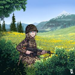 Rule 34 | 1girl, absurdres, ammunition pouch, austria, battle rifle, blonde hair, blue eyes, camouflage, camouflage jacket, camouflage pants, combat helmet, entrenching tool, fn fal, forest, grass, gun, gun sling, helmet, highres, holding, holding gun, holding weapon, jacket, load bearing equipment, meadow, military, military jacket, military uniform, mountainous horizon, nature, on one knee, original, ostwindprojekt, outdoors, pants, pouch, rifle, scenery, signature, sky, sling (weapon), tall grass, trigger discipline, uniform, weapon