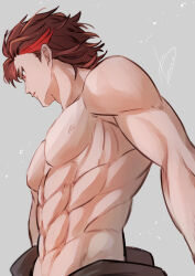 Rule 34 | 1boy, abs, absurdres, bare shoulders, diamant (fire emblem), fire emblem, fire emblem engage, furrowed brow, highres, looking to the side, male focus, midriff, navel, nintendo, red eyes, red hair, short hair, simple background, solo, topless male, upper body, wa gamc