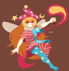 Rule 34 | 1girl, american flag dress, american flag pants, arms up, artist name, blonde hair, blush, breasts, brown background, closed mouth, clownpiece, crescent, crescent hat ornament, dress, facial tattoo, fairy wings, fire, flying, hair between eyes, hands up, hat, hat ornament, holding, holding torch, jester cap, kaaaarin, long hair, medium breasts, neck ruff, no shoes, pants, pixel art, polka dot, pom pom (clothes), purple hat, red eyes, short sleeves, simple background, smile, solo, star (symbol), star hat ornament, star in eye, star print, striped clothes, striped dress, striped pants, symbol in eye, tattoo, torch, touhou, wings
