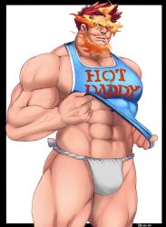Rule 34 | 1boy, abs, absurdres, bara, bare shoulders, beard, blue eyes, blue tank top, boku no hero academia, bulge, dhanisani, endeavor (boku no hero academia), facial hair, feet out of frame, fundoshi, highres, japanese clothes, large pectorals, looking at viewer, male focus, male underwear, mature male, muscular, muscular male, navel, no pants, pectoral cleavage, pectorals, red hair, scar, scar across eye, scar on face, short hair, sideburns, sidepec, solo, spiked hair, stomach, stubble, tank top, thick thighs, thighs, white male underwear