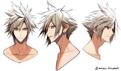 Rule 34 | 1boy, blonde hair, blue eyes, cloud strife, collarbone, cropped shoulders, earrings, expressions, final fantasy, final fantasy vii, final fantasy vii remake, furrowed brow, highres, jewelry, legacy zechs, looking at viewer, male focus, multiple views, parted lips, portrait, short hair, single earring, solo, spiked hair, twitter username, white background