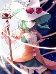 Rule 34 | 1girl, breast cutout, brooch, coat, commentary, contrapposto, cowboy shot, facebook username, frilled skirt, frills, garter straps, gem, goggles, goggles on headwear, green eyes, green hair, green nails, green skirt, gumi, hat, highres, jewelry, large hat, looking at viewer, medium hair, nail polish, night, night sky, one eye covered, orange coat, pixiv id, q-chiang, short sleeves, sidelocks, skirt, sky, solo, staff, standing, star (symbol), starry background, twitter username, vocaloid, white hat, witch hat, wrist cuffs