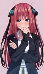 Rule 34 | 1girl, black jacket, blush, butterfly hair ornament, closed mouth, crossed arms, fingernails, go-toubun no hanayome, gradient nails, hair ornament, hand on own face, hand up, hands up, highres, igarashi kyouhei, jacket, long hair, long sleeves, looking to the side, nail polish, nakano nino, purple eyes, purple nails, red hair, shirt, smile, solo, two side up, upper body, white shirt