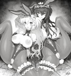 Rule 34 | 2girls, anal, anal object insertion, anal tail, animal ears, bajou takurou, bare shoulders, beatrix bremer, blush, breasts, butt plug, collar, commission, crotch seam, detached sleeves, fake animal ears, fake tail, fishnet legwear, fishnets, greyscale, hairband, happy, highres, large breasts, leaning back, legs up, leotard, leotard pull, leotard removed, liz hohenstein, looking at viewer, monochrome, multiple girls, muv-luv, muv-luv alternative, object insertion, pantyhose, playboy bunny, pussy, rabbit ears, rabbit tail, ribbon, schwarzesmarken, seductive smile, sex toy, skin tight, skindentation, sleeve cuffs, smile, spread legs, sweat, sweatdrop, tail, thick thighs, thigh strap, thighs