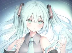 Rule 34 | 1girl, :o, aqua hair, bad id, bad pixiv id, bare shoulders, black sleeves, blue nails, blue necktie, blush, collared shirt, detached sleeves, green eyes, grey shirt, hair between eyes, hands up, hatsune miku, long hair, long sleeves, looking at viewer, murano, nail polish, necktie, parted lips, shirt, sleeveless, sleeveless shirt, solo, twintails, upper body, vocaloid, wide sleeves