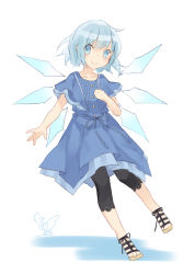 Rule 34 | 1girl, alternate costume, black pants, blue dress, blue eyes, blue hair, blush, capri pants, casual, cirno, collarbone, commentary request, contemporary, dress, full body, hand on own chest, highres, ice, ice wings, lace trim, looking at viewer, no nose, pants, petticoat, shadow, shoes, short hair, short sleeves, signature, simple background, smile, solo, touhou, toutenkou, white background, wide sleeves, wings