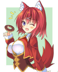 Rule 34 | 1girl, ;d, ahoge, amairo islenauts, animal ear fluff, animal ears, arm at side, between breasts, blush, border, breasts, chocolate doughnut, commentary, cropped jacket, cropped torso, doughnut, eyelashes, fang, food, green background, hair between eyes, hair ornament, happy, highres, holding, holding food, index finger raised, jacket, large breasts, long sleeves, looking at viewer, masaki gaillard, medium hair, necktie, necktie between breasts, notice lines, one eye closed, open mouth, purple eyes, red hair, red jacket, school uniform, shirt, simple background, smile, solo, upper body, white border, white shirt, wolf ears, wolf girl, x hair ornament, yellow necktie, yukichi (nyarome-busters)