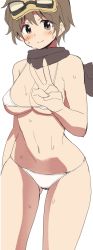 Rule 34 | 1girl, bad id, bad twitter id, bikini, black scarf, blush, breasts, brown hair, cleavage, glastonbury1966, goggles, goggles on head, grey eyes, groin, huge breasts, katou keiko, micro bikini, navel, scarf, short hair, simple background, solo, strike witches, sweat, swimsuit, underboob, v, white background, white bikini, witches of africa, world witches series