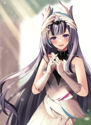 Rule 34 | 1girl, black hair, blush, breasts, choker, dress, feather dress, fire emblem, fire emblem engage, gloves, grey hair, highres, long hair, looking at viewer, multicolored hair, nintendo, open mouth, own hands clasped, own hands together, purple eyes, reia hana, small breasts, smile, solo, two-tone hair, very long hair, veyle (fire emblem), wavy hair, white dress, wing hair ornament