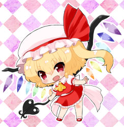 Rule 34 | 1girl, argyle, argyle background, argyle clothes, ascot, back bow, blonde hair, bow, chibi, collared shirt, fang, flandre scarlet, frilled shirt collar, frilled skirt, frilled sleeves, frilled socks, frills, full body, hair between eyes, hat, hat ribbon, holding, holding polearm, holding weapon, laevatein (touhou), looking at viewer, mary janes, medium hair, mob cap, multicolored wings, pink background, polearm, puffy short sleeves, puffy sleeves, purple background, red eyes, red footwear, red ribbon, red skirt, red vest, ribbon, rikaon, shirt, shoes, short sleeves, side ponytail, simple background, skin fang, skirt, skirt set, socks, solo, touhou, v-shaped eyebrows, vest, weapon, white bow, white hat, white shirt, white socks, wings, yellow ascot