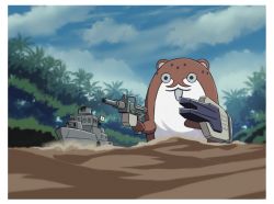 Rule 34 | 1other, blue sky, bokukawauso, cannon, cloud, commentary request, day, gundam, gundam 08th ms team, holding, holding weapon, japanese flag, kantai collection, mascot, military, military vehicle, nature, no humans, original, otter, outdoors, palm tree, parody, river, ship, sky, tree, tsukemon, turret, wading, warship, watercraft, weapon