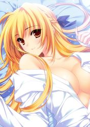 Rule 34 | 1girl, absurdres, bed sheet, blonde hair, blush, breasts, character request, cleavage, closed mouth, dress shirt, eyebrows, from above, highres, looking at viewer, lying, naked shirt, no bra, on back, open clothes, open shirt, r g b, shirt, suzuhira hiro, yellow eyes