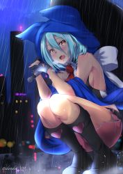 Rule 34 | 1girl, black footwear, black gloves, blue hair, blush, boots, breasts, breath, brown eyes, copyright request, dandou, fang, gloves, heart, hood, knee boots, necktie, night, open mouth, outdoors, pencil skirt, rain, skirt, solo, squatting, twitter username, umbrella
