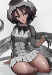 Rule 34 | 1girl, absurdres, adeshi (adeshi0693119), animal print, arm support, bare legs, black bow, black bowtie, black hair, black mamba (kemono friends), bow, bowtie, brown eyes, fangs, grey skirt, hand up, head tilt, highres, hood, hood up, hooded jacket, jacket, kemono friends, leaning to the side, long hair, long sleeves, long tail, looking at viewer, microskirt, parted lips, print hood, print jacket, side ponytail, sitting, skirt, snake hood, snake print, snake tail, solo, tail, tan, thighs, v-shaped eyebrows, very long hair