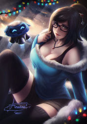 Rule 34 | ^ ^, axsen, black hair, breasts, brown eyes, christmas lights, cleavage, closed eyes, closed eyes, glasses, hair ornament, jewelry, large breasts, mei (overwatch), necklace, overwatch, overwatch 1, pendant, ponytail, robot, short shorts, shorts, signature, smile, solo, thighhighs, watermark, web address