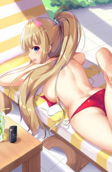Rule 34 | 1girl, :d, absurdres, ass, back, beach chair, bendy straw, bikini, blonde hair, blue eyes, blunt bangs, breast press, breasts, commentary request, day, dongyue sakura, drink, drinking straw, food, fruit, glass, hair ornament, hair scrunchie, highres, ice, ice cube, karuizawa kei, legs up, lens flare, lime (fruit), lime slice, long hair, looking at viewer, looking to the side, lotion, lying, medium breasts, on stomach, open mouth, outdoors, ponytail, red bikini, scrunchie, sidelocks, smile, solo, sunscreen, swimsuit, table, thighs, untied bikini, youkoso jitsuryoku shijou shugi no kyoushitsu e