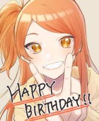 Rule 34 | 1girl, :d, asymmetrical bangs, blush, grin, happy birthday, hood, hoodie, idolmaster, idolmaster million live!, long hair, looking at viewer, ogami tamaki, one side up, open mouth, orange hair, peroyoshi, simple background, smile, solo, swept bangs, upper body, v, yellow hoodie