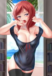 Rule 34 | 1girl, armpits, beach, black shirt, black thighhighs, blue sky, bookshelf, bottomless, breasts, breasts apart, clip studio paint (medium), collarbone, commentary, covered navel, curtains, day, english commentary, fuzzlogik, highres, looking at viewer, love live!, love live! school idol festival, love live! school idol project, medium breasts, nishikino maki, no bra, no panties, ocean, off-shoulder shirt, off shoulder, open mouth, paid reward available, palm tree, purple eyes, red hair, shirt, short hair, sky, sleeveless, sleeveless shirt, solo, thighhighs, tree, window, yawning