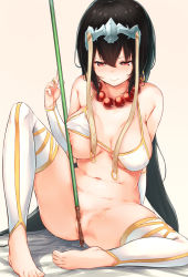 Rule 34 | 1girl, bare shoulders, barefoot, beads, bikini, bikini top only, black hair, borushichi, breasts, bridal gauntlets, fate/grand order, fate (series), feet, female masturbation, gloves, gradient background, hair between eyes, halterneck, headpiece, highres, large breasts, long hair, looking down, masturbation, navel, nipple slip, nipples, one breast out, prayer beads, pussy, pussy juice, pussy peek, red eyes, sitting, solo, spread legs, swimsuit, thighhighs, toeless legwear, toes, white bikini, white gloves, white thighhighs, xuangzang sanzang (fate)