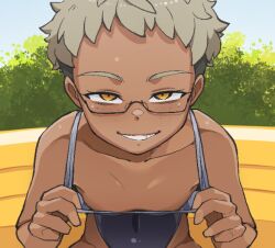 Rule 34 | 1girl, blue one-piece swimsuit, breasts, bush, clothes pull, collarbone, dark-skinned female, dark skin, day, female focus, flashing, freckles, glasses, grey hair, grin, highleg, highleg swimsuit, kurozu (crozu), leaning forward, looking at viewer, naughty face, one-piece swimsuit, one-piece swimsuit pull, orange eyes, original, outdoors, pulling own clothes, semi-rimless eyewear, small breasts, smile, solo, swimsuit, tomboy, undercut, wading pool