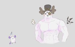 Rule 34 | 1boy, 1other, abs, aloupeep (enna alouette), commentary, english commentary, extra eyes, grey background, hat, head wings, highres, meme, muscular, muscular male, nijisanji, nijisanji en, simple background, top hat, unfamousradish, upper body, virgin vs chad (meme), wings