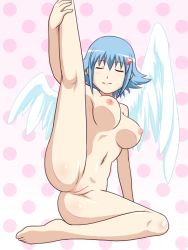 Rule 34 | 1girl, angel, angel wings, arm support, arm up, asymmetrical wings, barefoot, blue hair, blush, breasts, cleft of venus, closed eyes, feet, female focus, gem, goriate, hair ornament, kneepits, large breasts, leg hold, leg lift, nanael (queen&#039;s blade), navel, nipples, nude, polka dot, polka dot background, pussy, queen&#039;s blade, short hair, sitting, smile, solo, toes, uncensored, wings