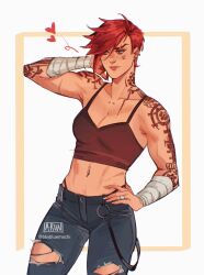 Rule 34 | 1girl, absurdres, arm tattoo, bandaged arm, bandages, bbybluemochi, bra, breasts, cleavage, crop top, earrings, grey eyes, heart, highres, jewelry, league of legends, medium breasts, piercing, red hair, solo, tattoo, torn clothes, underwear, vi (league of legends)