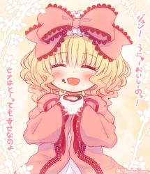Rule 34 | 1girl, :d, ^ ^, blonde hair, blush, bow, closed eyes, commentary request, dress, facing viewer, food, food on face, hair between eyes, hair bow, hinaichigo, holding, holding food, juliet sleeves, long sleeves, open mouth, pink bow, pink dress, puffy sleeves, rozen maiden, sleeves past wrists, smile, solo, translation request, twitter username, upper body, wavy hair, yuya090602
