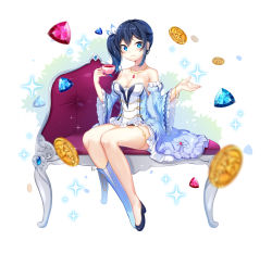 Rule 34 | 1girl, absurdres, asymmetrical footwear, bad id, bad pixiv id, bare shoulders, black footwear, blue dress, blue eyes, blue footwear, blue gemstone, blue hair, blurry, blurry foreground, blush, boots, breasts, cleavage, closed mouth, coin, collarbone, cup, depth of field, detached sleeves, dress, gem, hair between eyes, hair ribbon, highres, holding, holding cup, jewelry, juliet sleeves, knee boots, long hair, long sleeves, moong gya, original, pendant, princess, puffy sleeves, red gemstone, ribbon, shoes, short dress, side ponytail, single knee boot, single shoe, sitting, smile, solo, sparkle, strapless, strapless dress, teacup, uneven footwear, white ribbon, wide sleeves
