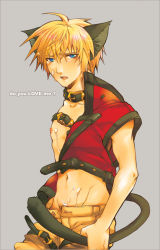 Rule 34 | 1boy, animal ears, arc system works, belt, blonde hair, blue eyes, cat boy, cat ears, cat tail, collar, cosplay, cum, cum on body, cum on male, cum on upper body, guilty gear, ky kiske, male focus, navel, nipples, open clothes, pet play, simple background, sol badguy, sol badguy (cosplay), solo, tail, tears