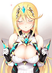 Rule 34 | 1girl, absurdres, bare shoulders, blonde hair, breasts, cleavage, cleavage cutout, closed eyes, clothing cutout, commentary request, covered erect nipples, daive, dress, earrings, elbow gloves, gloves, gradient background, grey background, heart, highres, incoming kiss, jewelry, large breasts, long hair, mythra (xenoblade), solo, swept bangs, tiara, very long hair, white background, white dress, white gloves, xenoblade chronicles (series), xenoblade chronicles 2, yellow eyes