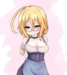 Rule 34 | 10s, 1girl, ahoge, aqua eyes, arms behind back, blonde hair, breasts, cleavage, dirndl, german clothes, glasses, i-8 (kancolle), i.u.y, kantai collection, looking to the side, low twintails, simple background, solo, twintails, wavy mouth