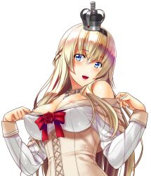Rule 34 | 10s, 1girl, areola slip, bad id, bad twitter id, bare shoulders, blonde hair, blue eyes, braid, breasts, cleavage, corset, crown, dress, eyes visible through hair, flower, french braid, hair between eyes, hairband, jewelry, kantai collection, large breasts, long hair, long sleeves, mini crown, necklace, off-shoulder dress, off shoulder, open mouth, red flower, red ribbon, red rose, ribbon, rose, sakaki maki, smile, solo, undressing, warspite (kancolle), white background, white dress