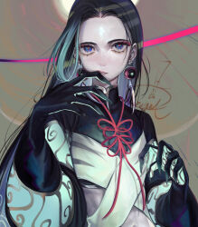 Rule 34 | 1boy, black hair, black shirt, blue eyes, chinese clothes, crop top, earrings, eyeshadow, fate/grand order, fate (series), gloves, green eyes, hand to own mouth, hand up, jewelry, long hair, long sleeves, looking at viewer, makeup, male focus, mizutame tori, multicolored eyes, multicolored hair, pale skin, red eyeshadow, red pupils, shirt, solo, taisui xingjun (fate), tooth earrings, upper body