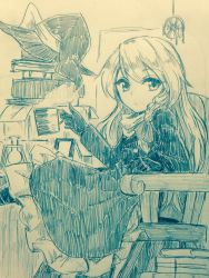 Rule 34 | 1girl, :/, book, bow, braid, chair, closed mouth, commentary request, cup, efukei, flask, gloves, hat, hat bow, unworn hat, unworn headwear, highres, holding, holding cup, kirisame marisa, long hair, long sleeves, looking at viewer, monochrome, mug, one-hour drawing challenge, side braid, single braid, sitting, solo, touhou, traditional media, witch hat