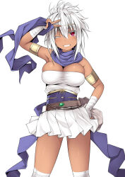 Rule 34 | 1girl, armlet, bandaged arm, bandaged leg, bandages, bare shoulders, belt, blush, breasts, cleavage, dark-skinned female, dark skin, grin, hand on own hip, highres, holding, kuromayu, large breasts, looking at viewer, one eye closed, original, pleated skirt, purple scarf, red eyes, scarf, simple background, skirt, smile, solo, strapless, v, white background, white hair, white skirt