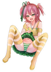 Rule 34 | 1girl, absurdres, belly, clothes lift, clothes pin, commission, flat chest, fuyo cloverfield, green eyes, hair ornament, hair ribbon, highres, idol corp, jewelry, navel, necklace, open mouth, panties, pink hair, pointy ears, ribbon, shirt, short hair, skirt, skirt lift, solo, striped clothes, striped panties, thighhighs, thighs, underwear, virtual youtuber, white background
