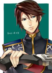 Rule 34 | 1boy, black jacket, blue eyes, brown hair, commentary, dated, earrings, epaulettes, expressionless, final fantasy, final fantasy viii, green background, gun, hand up, high collar, holding, holding gun, holding weapon, jacket, jewelry, looking to the side, male focus, military jacket, military uniform, scar, scar on face, scar on forehead, seed uniform (ff8), short hair, sleeve cuffs, solo, squall leonhart, stud earrings, tama (tmfy5), uniform, upper body, weapon