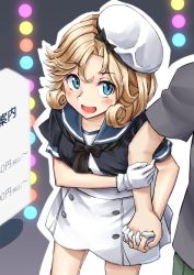 Rule 34 | 1boy, 1girl, black neckwear, blonde hair, blue eyes, blue sailor collar, commentary request, cowboy shot, dress, gloves, hat, holding hands, janus (kancolle), kantai collection, mayura (lucadia), open mouth, parted bangs, sailor collar, sailor dress, sailor hat, short hair, short sleeves, sign, standing, white dress, white gloves, white headwear