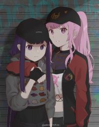 Rule 34 | 2girls, absurdres, arm around shoulder, baseball cap, black gloves, black headwear, black skirt, coke (cokeandredtea), crop top, fingerless gloves, gloves, grey hoodie, hair behind ear, hat, highres, holding hands, hololive, hololive english, hood, hoodie, jacket, jewelry, long hair, looking at viewer, mori calliope, mori calliope (streetwear), multiple girls, necklace, ninomae ina&#039;nis, official alternate costume, parted lips, pink eyes, pink hair, ponytail, purple eyes, purple hair, red jacket, shirt, skirt, smile, virtual youtuber, white shirt