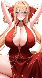 1girl alternate_costume angelica_rapha_redgrave armpits arms_behind_back bb_(fate) bb_dubai_(fate) bb_dubai_(fate)_(cosplay) blonde_hair blush braid braided_hair_rings breasts collarbone commentary commission cosplay dress fate/grand_order fate_(series) hair_rings highres huge_breasts kikata_(hata_nanokana) long_hair otome_game_sekai_wa_mob_ni_kibishii_sekai_desu parted_lips pixiv_commission red_dress red_eyes simple_background solo white_background