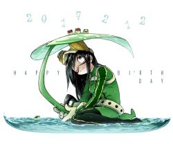 Rule 34 | 10s, 1girl, :&gt;, aiue0, asui tsuyu, belt, black hair, bodysuit, boku no hero academia, dated, frog, frog girl, gloves, goggles, goggles on head, green bodysuit, hair rings, happy birthday, holding, leaf umbrella, long hair, one eye closed, solo focus, split-toe footwear, water, wet, wet clothes, wet hair, white gloves