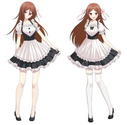 Rule 34 | 1girl, :d, apron, black dress, black footwear, blush, breasts, brown eyes, brown hair, closed mouth, collarbone, commentary request, danganronpa another, dress, frilled apron, frilled dress, frilled thighhighs, frills, full body, hair between eyes, hair ribbon, high heels, highres, legs, long hair, looking at viewer, maid apron, medium breasts, multiple views, open mouth, ppakunak, puffy short sleeves, puffy sleeves, red ribbon, ribbon, shoes, short sleeves, simple background, smile, standing, taira akane, thighhighs, white background, white thighhighs