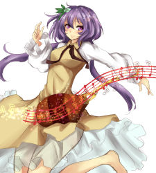 Rule 34 | 1girl, absurdres, amagi (amagi626), bare legs, barefoot, beamed quavers, biwa lute, blush, breasts, dress, hair ornament, highres, instrument, jumping, leaf hair ornament, long hair, long sleeves, looking at viewer, lute (instrument), musical note, neck ribbon, purple eyes, purple hair, quaver, ribbon, see-through, shirt, simple background, sketch, smile, solo, staff (music), touhou, tsukumo benben, twintails, white background