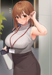 Rule 34 | 1girl, :o, arm up, armpits, blush, breasts, brown hair, dark skin, earrings, flying sweatdrops, tucking hair, high-waist skirt, highres, jewelry, lanyard, large breasts, looking at viewer, mole, mole under eye, ol-chan (udon), original, ribbed sweater, skirt, sleeveless, sleeveless sweater, solo, sweater, sweater tucked in, udon (udonalium), white sweater